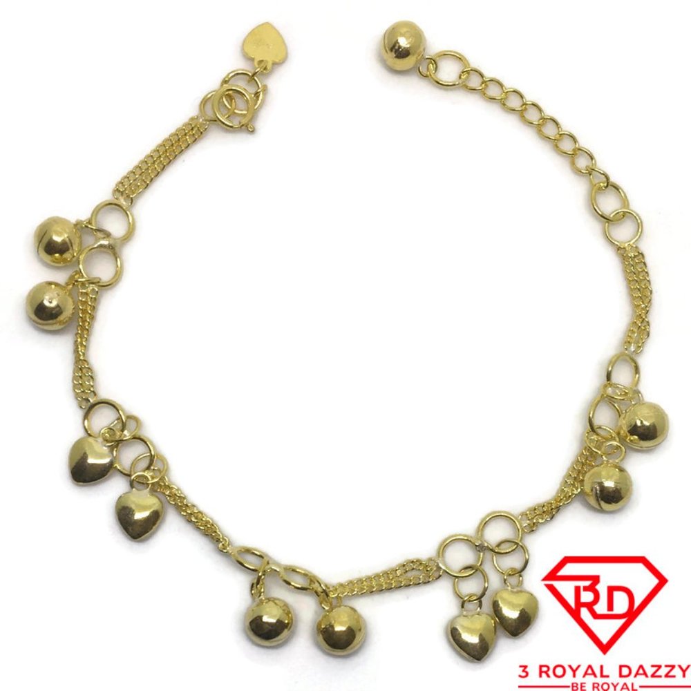 Bells & Hearts charm 8 inch Bracelet 999 gold